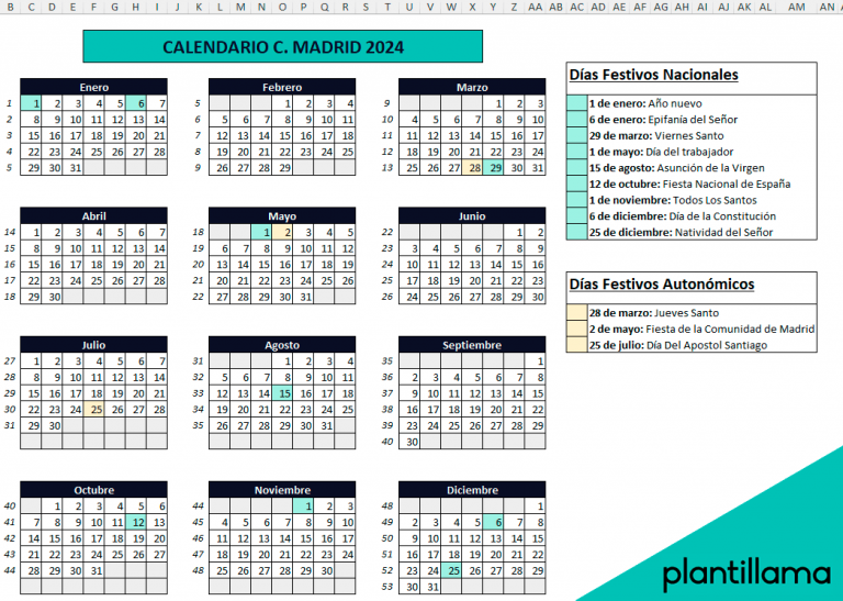 CALENDARIO Laboral C. de MADRID 2024 Excel 《 GRATIS