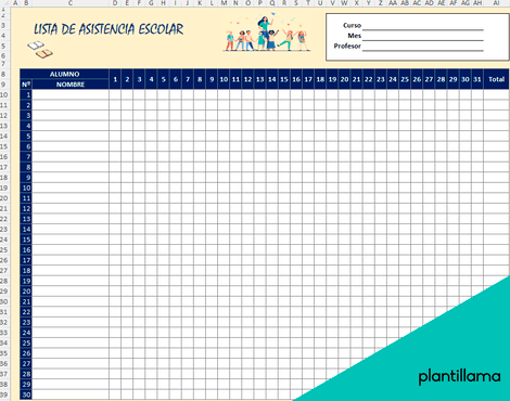 formato de lista de asistencia escolar horizontal