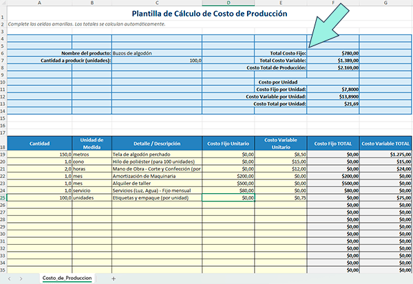 tabla en excel para calcular costos de un producto
