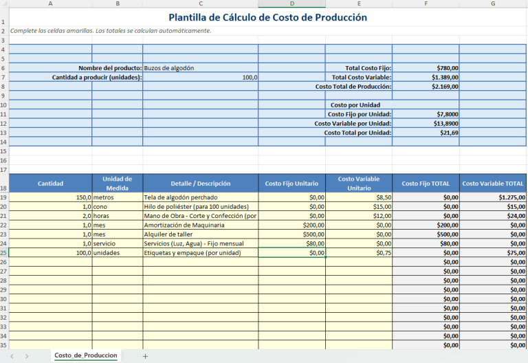 Tabla para Calcular los Costos de un Producto [ Excel Gratis ]