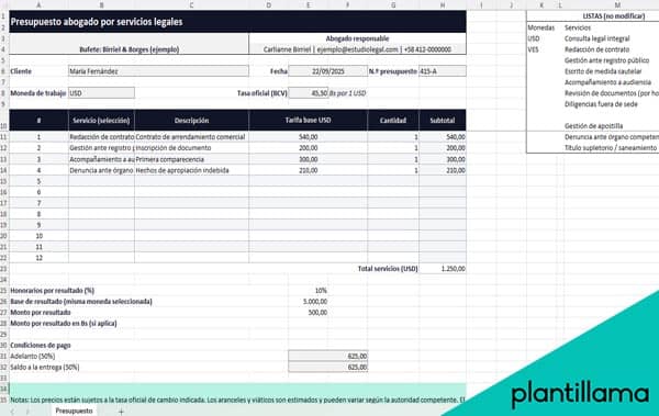 Modelo de presupuesto abogado excel