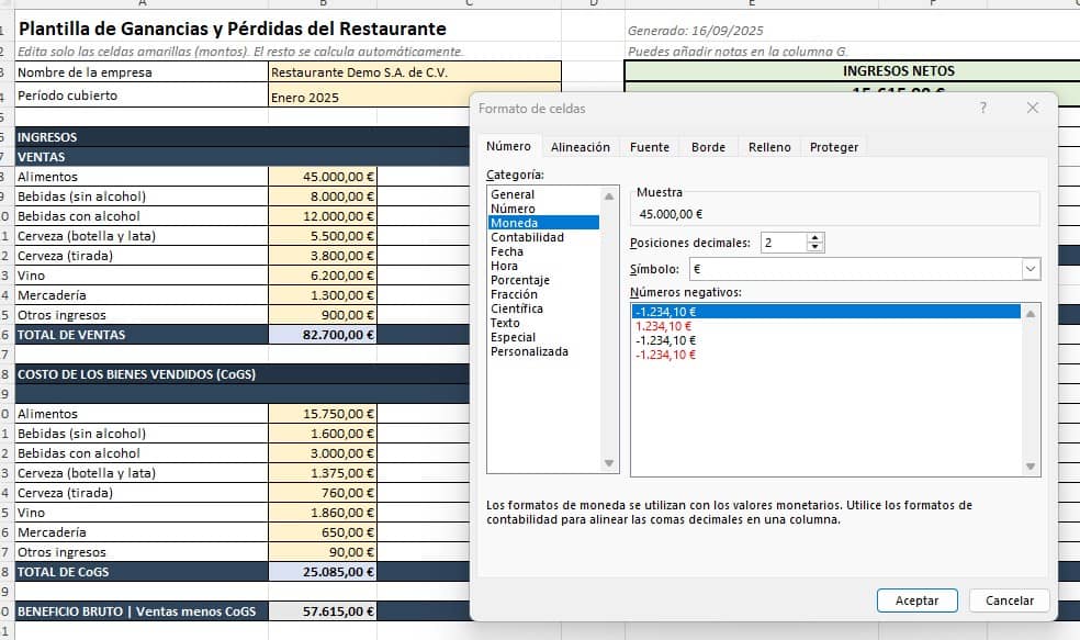 excel perdidas y ganancias