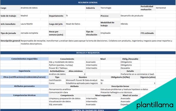 formato de descripción de puestos excel