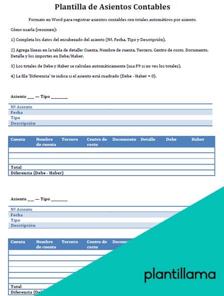 plantilla asientos contables word gratis