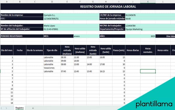 plantilla de registro de trabajo