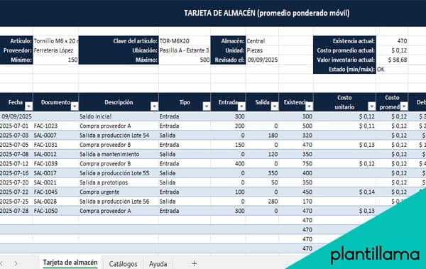 tarjeta de almacen excel