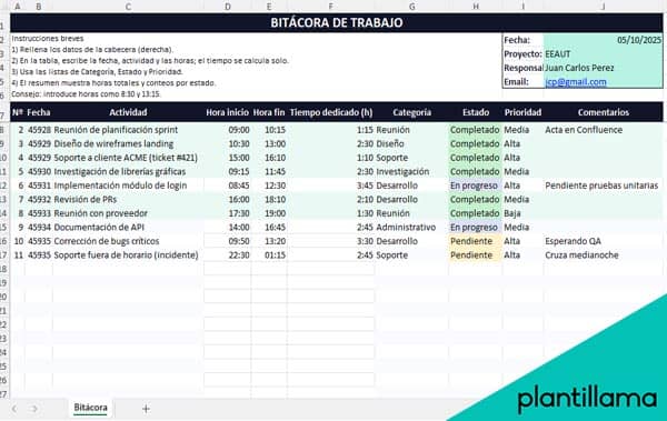 Bitácora de trabajo excel