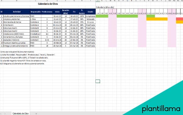 Calendario de obra en excel