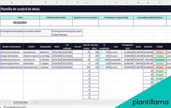 Plantilla Excel para control de obras gratis