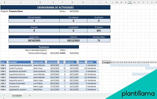 cronograma de actividades en excel