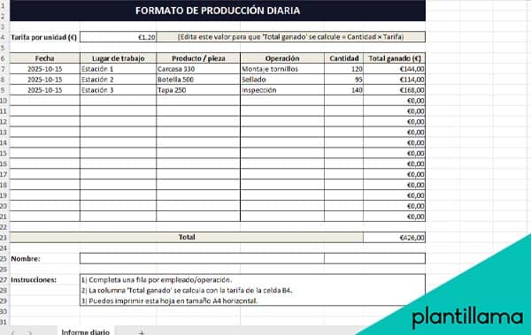 formato de producción diaria en excel