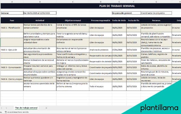 formato plan de trabajo semanal en excel