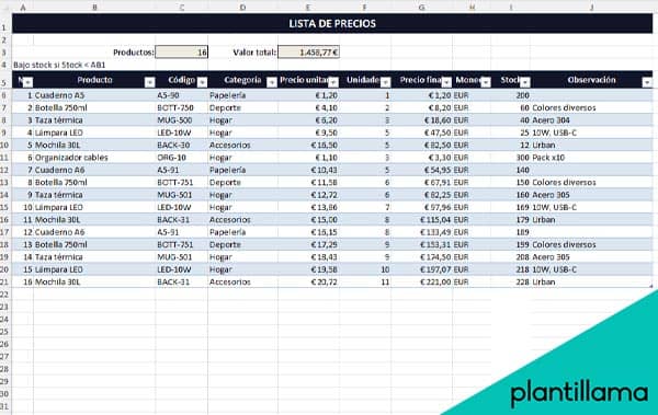 plantilla excel de precios para imprimir