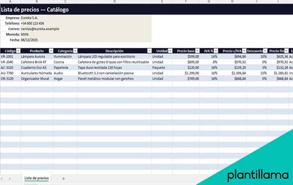 plantilla lista de precios excel gratis
