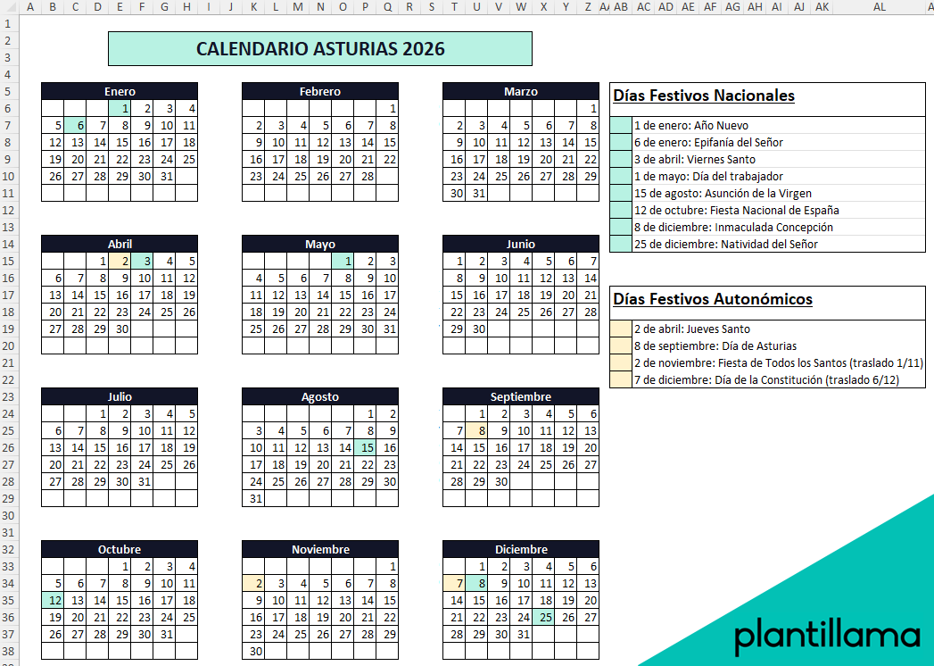 Calendario laboral Asturias 2026 con festivos