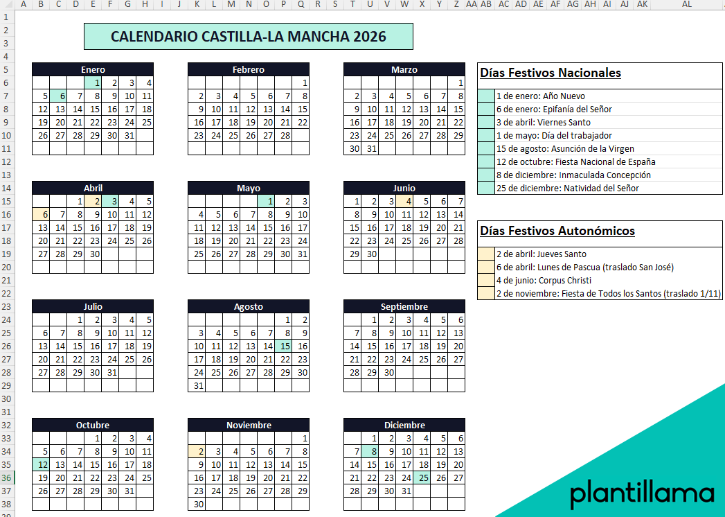 Calendario laboral Castilla-La Mancha 2026 con festivos
