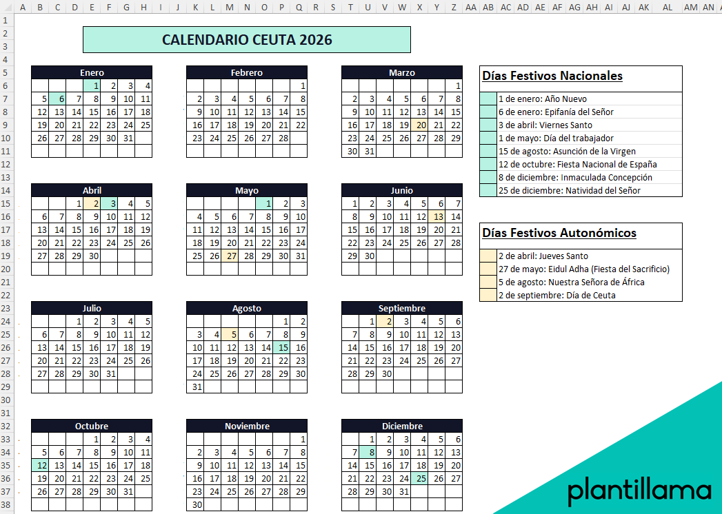 Calendario laboral Ceuta 2026 con festivos
