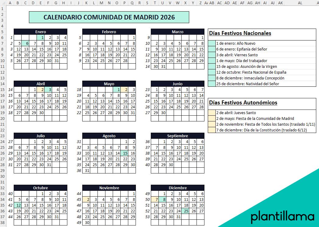 Calendario Laboral Comunidad De Madrid 2026 Excel Gratis Calendario Laboral Comunidad De Madrid 2026 Excel Gratis