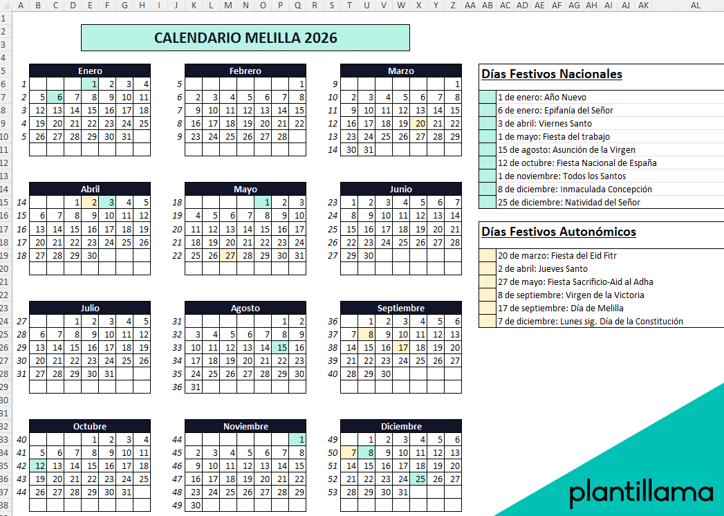 Calendario laboral Melilla 2026