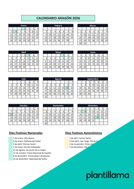 Calendario laboral Aragon 2026 con festivos