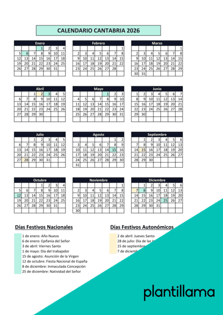 Calendario laboral Cantabria 2026 con festivos