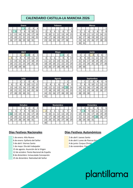 Calendario laboral Castilla La Mancha 2026 con festivos