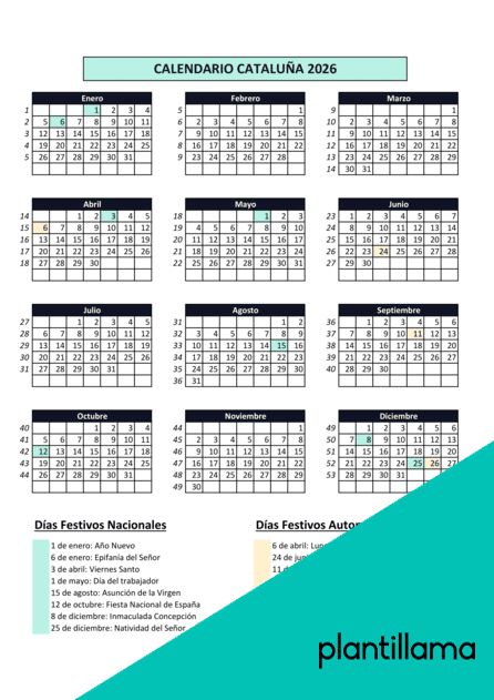 Calendario laboral Catalunya 2026 con semanas