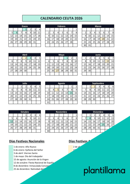 Calendario laboral Ceuta 2026 con festivos