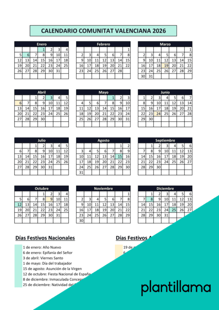 Calendario laboral Comunitat Valenciana 2026 con festivos