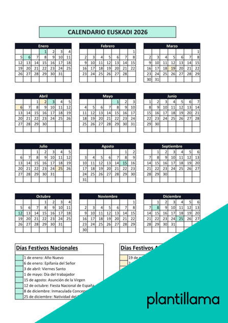 Calendario laboral Euskadi 2026 con festivos