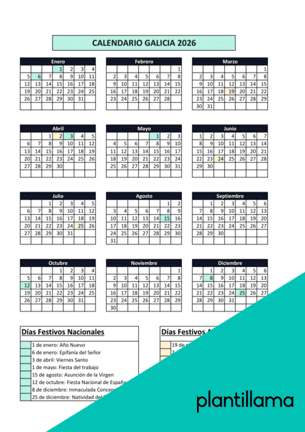 Calendario laboral Galicia 2026 con festivos