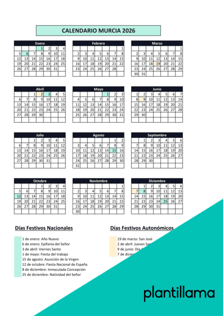 Calendario laboral Murcia 2026 con festivos
