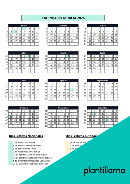 Calendario laboral Murcia 2026