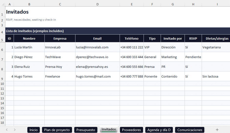 excel organizar eventos gratis