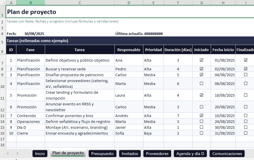 excel organizar eventos