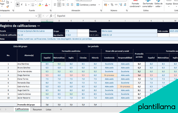 formato de calificaciones en excel