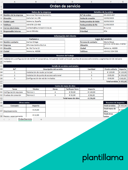 modelo de orden de servicio en excel