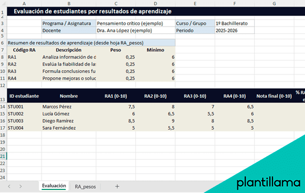 planilla excel para evaluar por resultados de aprendizaje