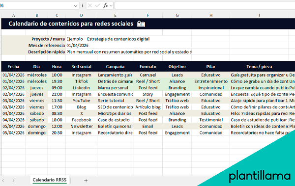 calendario de contenidos para redes sociales excel