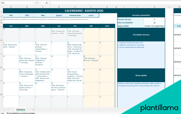 calendario en blanco para imprimir excel