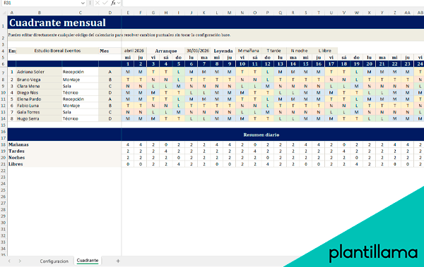 turnos rotativos de lunes a domingo excel gratis