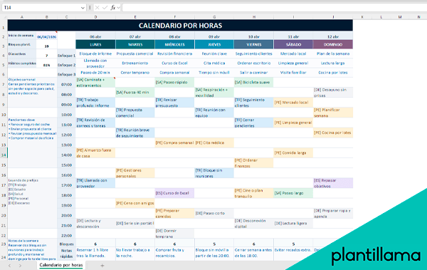 calendario por horas en excel