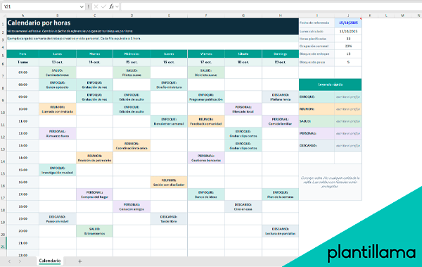 calendario por horas plantilla