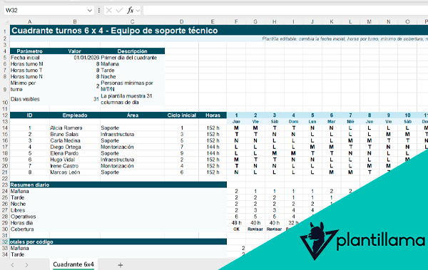 cuadrante turnos 6 x 4 excel