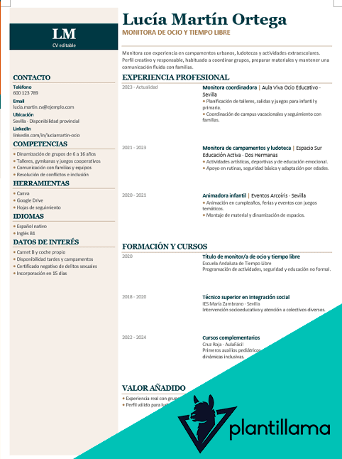 curriculum de monitor de ocio y tiempo libre