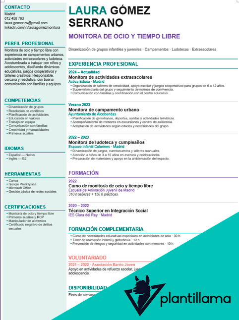 curriculum vitae de monitor campamentos