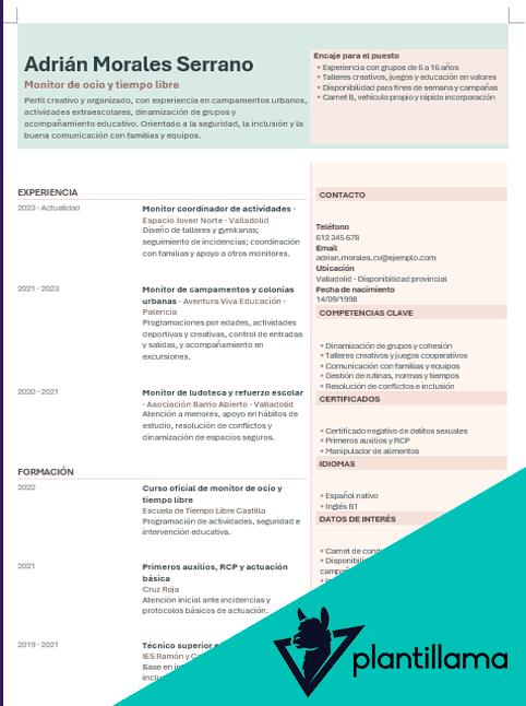 curriculum vitae de monitor de ocio