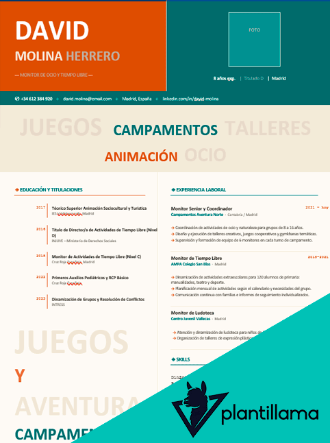 cv de monitor de ocio y tiempo libre