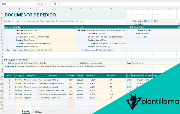 documento de pedido excel