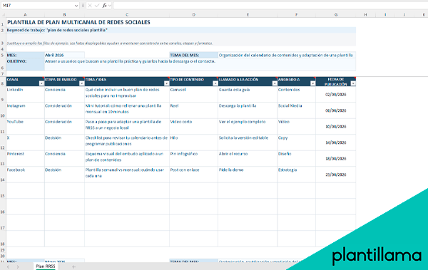 plan de redes sociales excel
